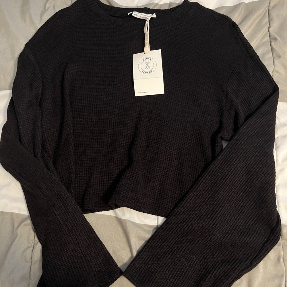 Urban Renewal Black Cropped Waffle-Knit Long Sleeve Top